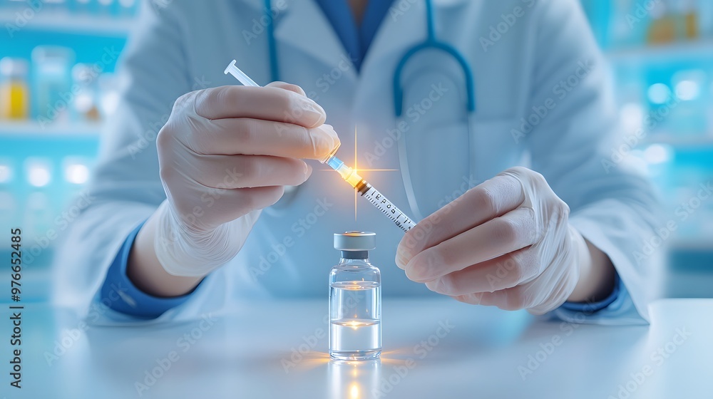 A healthcare professional prepares a syringe from a vial, demonstrating precision in medical practices and vaccinations. A healthcare professional prepares a syringe from a vial, demonstrating precision in medical practices and vaccinations.