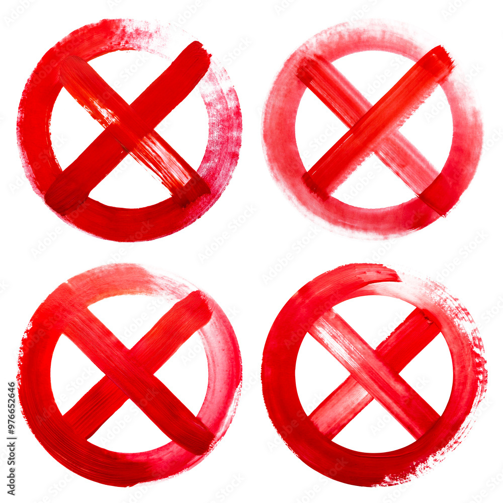 Obraz premium red caution warning stop danger prohibition no entry symbol, diagonal cross mark inside a thin circle, brush strokes watercolor ink transparent background.