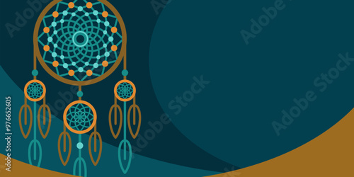 Native american heritage month greeting. Vector banner, poster, card, content for social media. Green background with dream catcher tribal pattern.