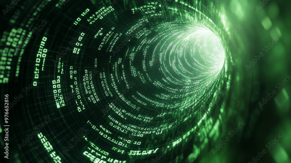 Green abstract matrix vortex background with a dynamic spiral of binary code. Illustrates programming, coding, and hacker themes, with binary numbers swirling in a sci-fi vector design. Green abstract matrix vortex background with a dynamic spiral of binary code. Illustrates programming, coding, and hacker themes, with binary numbers swirling in a sci-fi vector design.