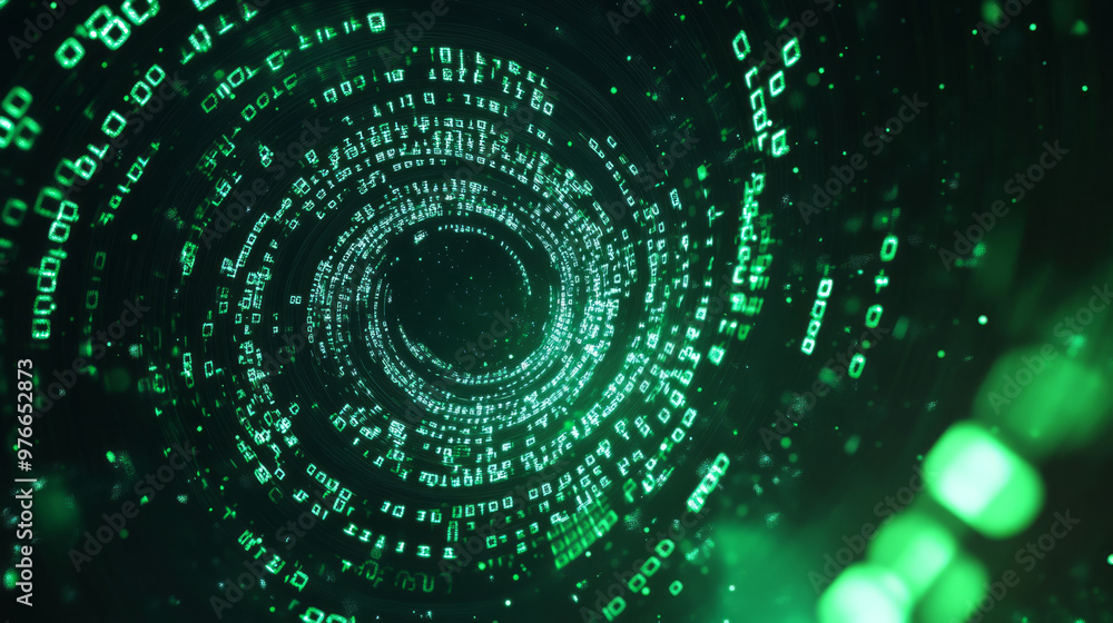 Green abstract matrix vortex background with a dynamic spiral of binary code. Illustrates programming, coding, and hacker themes, with binary numbers swirling in a sci-fi vector design. Green abstract matrix vortex background with a dynamic spiral of binary code. Illustrates programming, coding, and hacker themes, with binary numbers swirling in a sci-fi vector design.