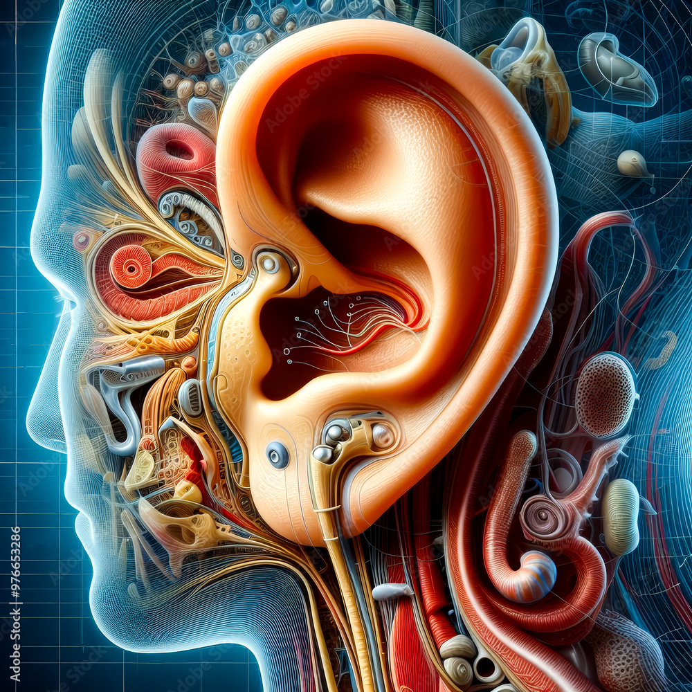 Anatomical illustration showing the structure of the ear and the ...