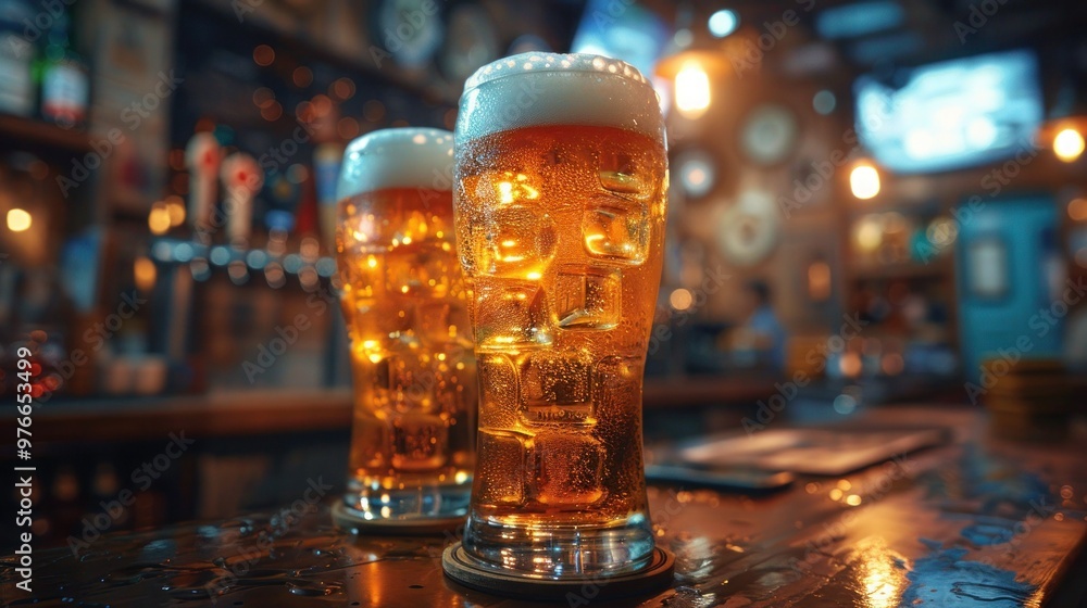 Refreshing Lager Beer in Tall Realistic Glasses with Foam Refreshing Lager Beer in Tall Realistic Glasses with Foam