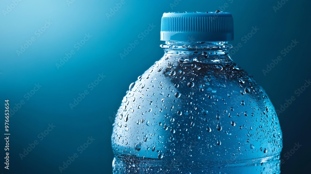 A plastic water bottle with condensation on it against a blue background. A plastic water bottle with condensation on it against a blue background.