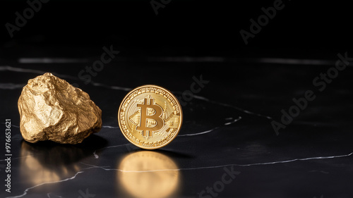 Digitales Gold: Bitcoin neben Goldnugget auf edlem schwarzen Hintergrund. Kryptowährung trifft Edelmetall. Modernes Investment-Konzept. Luxuriöse Darstellung photo