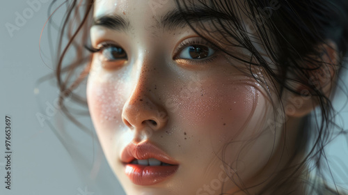 Serene portrait of a young Asian woman with natural features, AI generative. photo