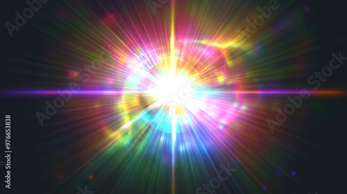 Abstract rainbow halo rays on a transparent background, featuring a starburst or sunburst effect in rainbow colors. Includes anime-style burst light rays and holographic lens flare reflections. 