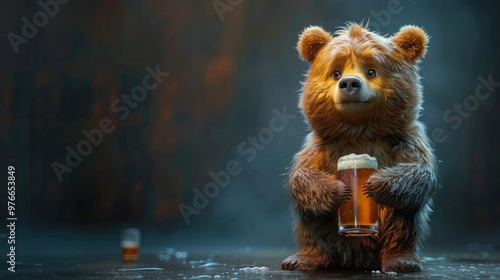 Cheerful Cartoon Bear Holding a Cold Beer photo