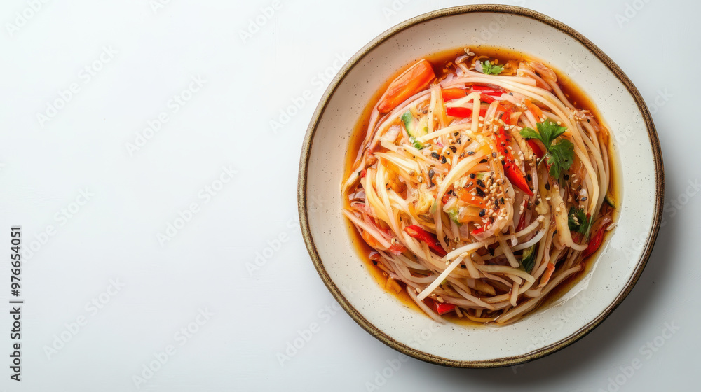 A colorful papaya salad on a white plate, with a mortar and pestle as props, set against a white background with advertising space available. A colorful papaya salad on a white plate, with a mortar and pestle as props, set against a white background with advertising space available.