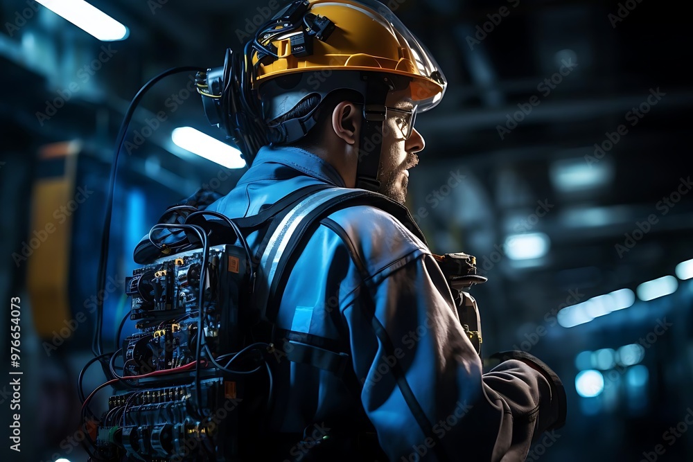A worker in a safety helmet and gear, equipped for industrial tasks. A worker in a safety helmet and gear, equipped for industrial tasks.