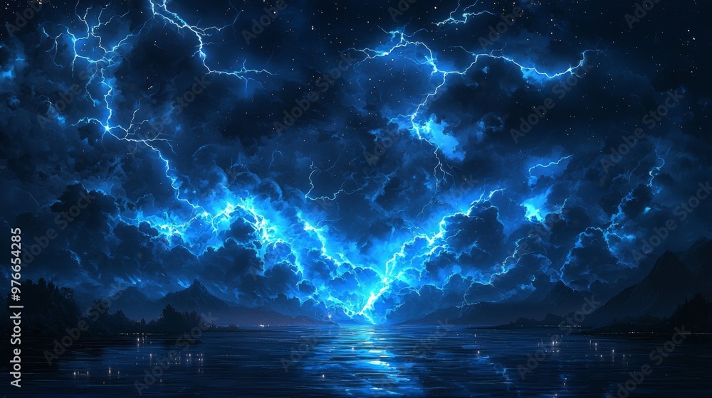 Fototapeta premium Environmental storm scene at night, lightning bolts illuminating the sky, nature's energy creating a dramatic atmosphere