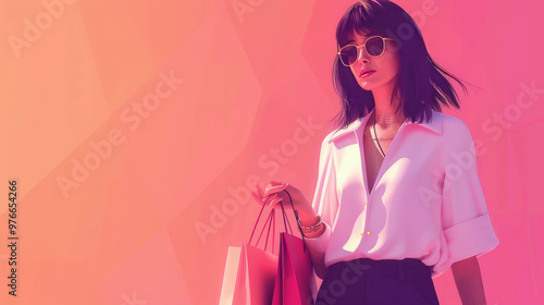 Urban chic woman with straight hair and shopping bag. AI generative photo