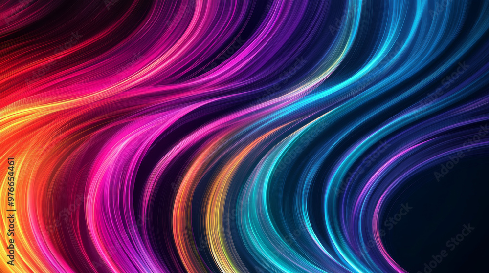 Abstract rainbow lines on a dark background, ideal for party posters, covers, presentations, or brochures. Features moving colorful lines in a vector illustration. Abstract rainbow lines on a dark background, ideal for party posters, covers, presentations, or brochures. Features moving colorful lines in a vector illustration.