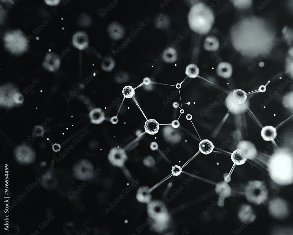 Abstract 3D rendering of a molecular structure with glowing white spheres connected by thin lines against a dark background. Abstract 3D rendering of a molecular structure with glowing white spheres connected by thin lines against a dark background.