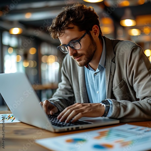 A man working on a laptop in a modern office environment.