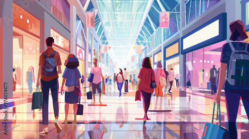 Busy shoppers in a modern mall immersed in the retail experience. AI generative photo