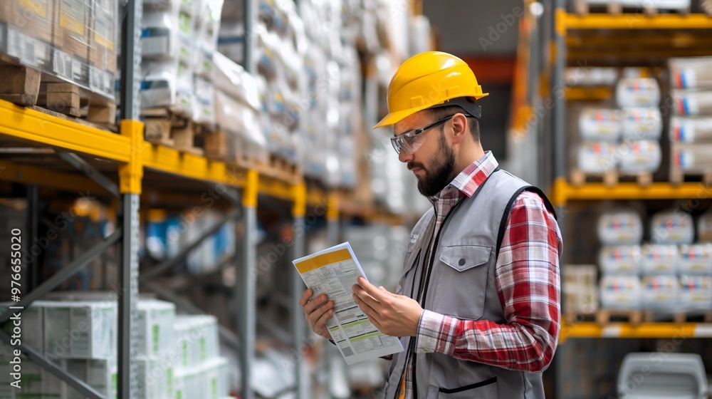 A man in a yellow hard hat is looking at a clipboard in a warehouse. He is wearing a vest and glasses.Inspector checking expiration dates, product safety assurance. Generative ai illustration. A man in a yellow hard hat is looking at a clipboard in a warehouse. He is wearing a vest and glasses.Inspector checking expiration dates, product safety assurance. Generative ai illustration.