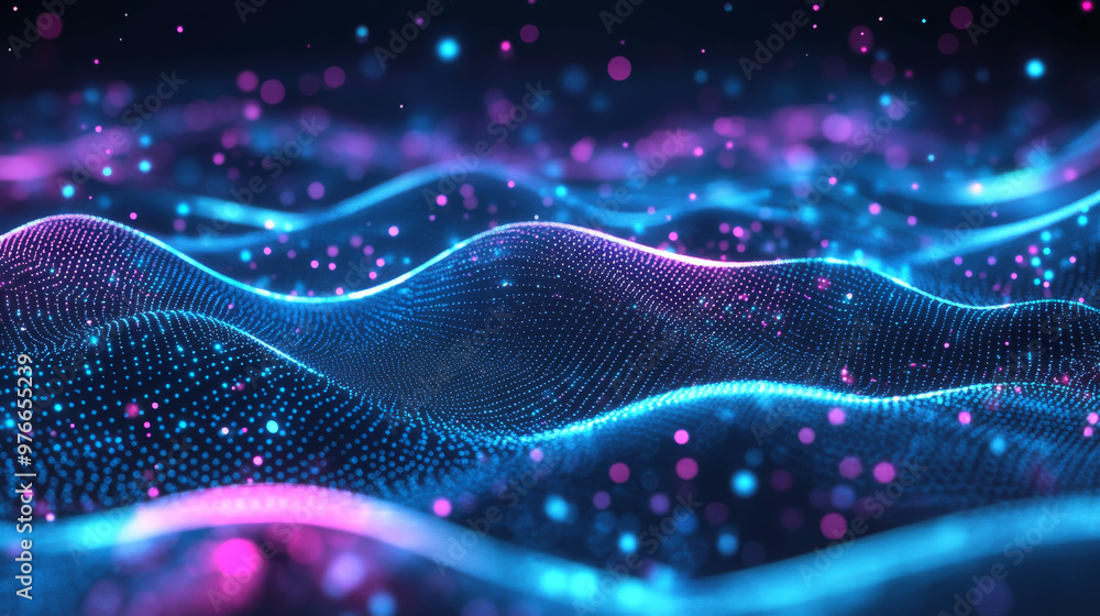 Abstract illustration of science and technology, highlighting a big data neural network concept. Features waves, dots, and woven lines. Represents AI visualization and a digital universe in a vector. Abstract illustration of science and technology, highlighting a big data neural network concept. Features waves, dots, and woven lines. Represents AI visualization and a digital universe in a vector.
