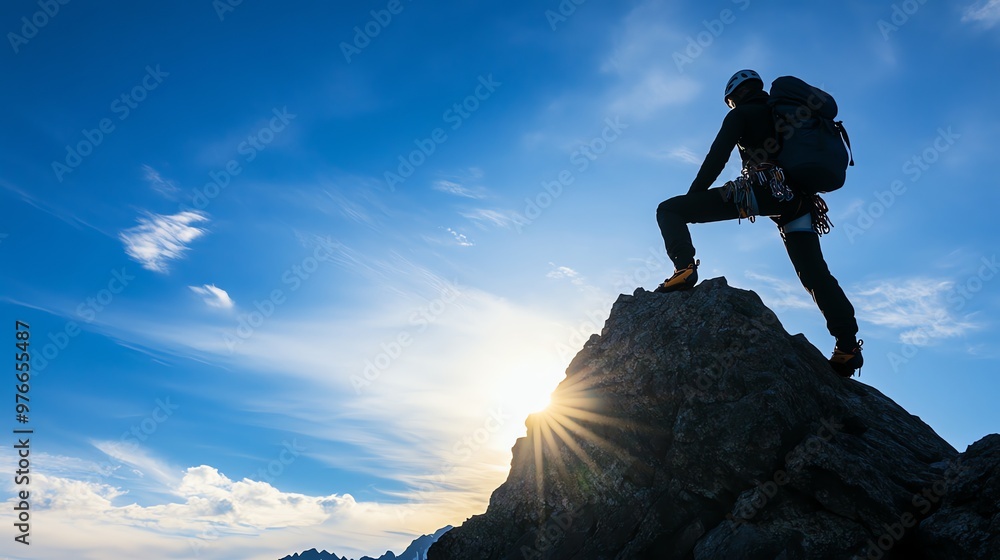 A hiker stands on a mountain peak with a backpack and admires the sunrise. A hiker stands on a mountain peak with a backpack and admires the sunrise.