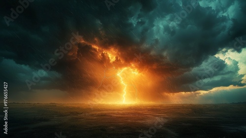 harged atmosphere with a storm brewing, lightning crackling across the horizon, the air thick with electric energy photo