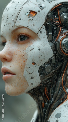 Cybernetic Human: Hyperrealistic Ultradetailed Portrayal of Human-Machine Fusion with Post-Apocalyptic Aesthetic and Delicate Human Features