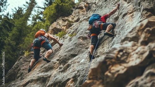 Two rock climbers scale a steep rock face together. photo