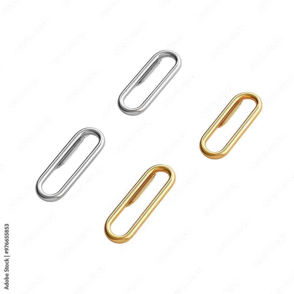 Assortment of paper clips in silver and gold colors on a white background Assortment of paper clips in silver and gold colors on a white background