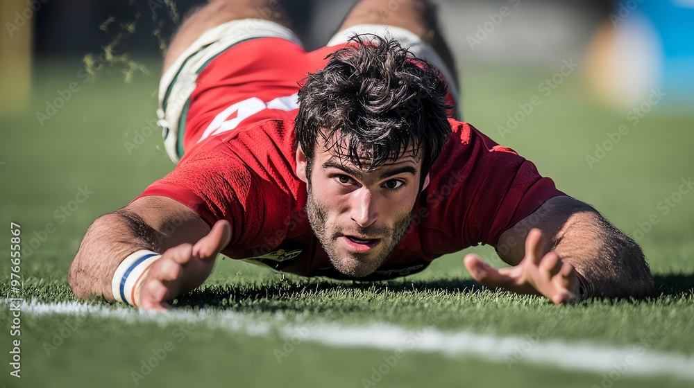 A rugby player dives to score a try, with his hand reaching for the try line. A rugby player dives to score a try, with his hand reaching for the try line.