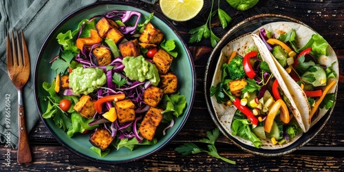 Wallpaper Mural Bird's-eye perspective of a vegetable salad featuring crunchy tofu in a bowl, accompanied by plant-based tacos filled with guacamole, tofu, and zesty peppers. Torontodigital.ca