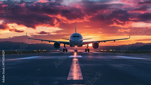 A plane taking off with the setting sun in the background.