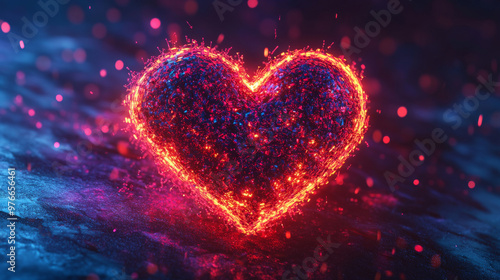 Happy Valentine's Day with 3D neon hearts made of particles. Features a romantic love concept and cardiology healthcare technology heart symbol. Vector illustration.