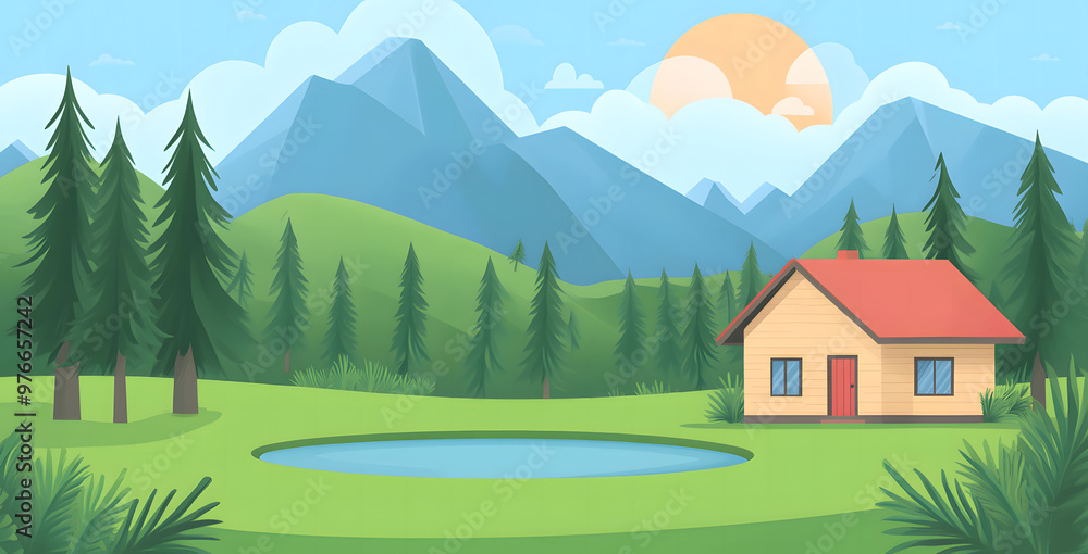 A beautifully designed modern house set in a peaceful natural landscape, surrounded by lush greenery, tall pine trees, and a clear pond in the foreground. Snow-capped mountains rise in the background, A beautifully designed modern house set in a peaceful natural landscape, surrounded by lush greenery, tall pine trees, and a clear pond in the foreground. Snow-capped mountains rise in the background,