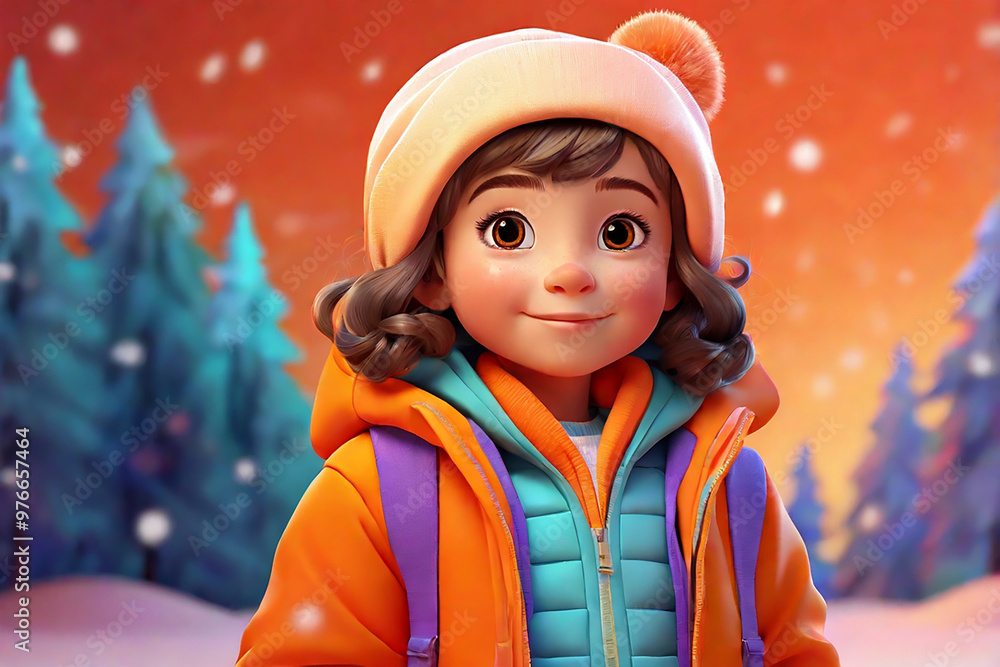 3d illustration of a cute little girl with winter clothes in the forest 3d illustration of a cute little girl with winter clothes in the forest