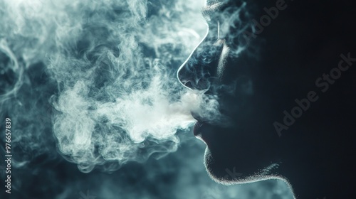 Silhouette of a person exhaling a large cloud of smoke.