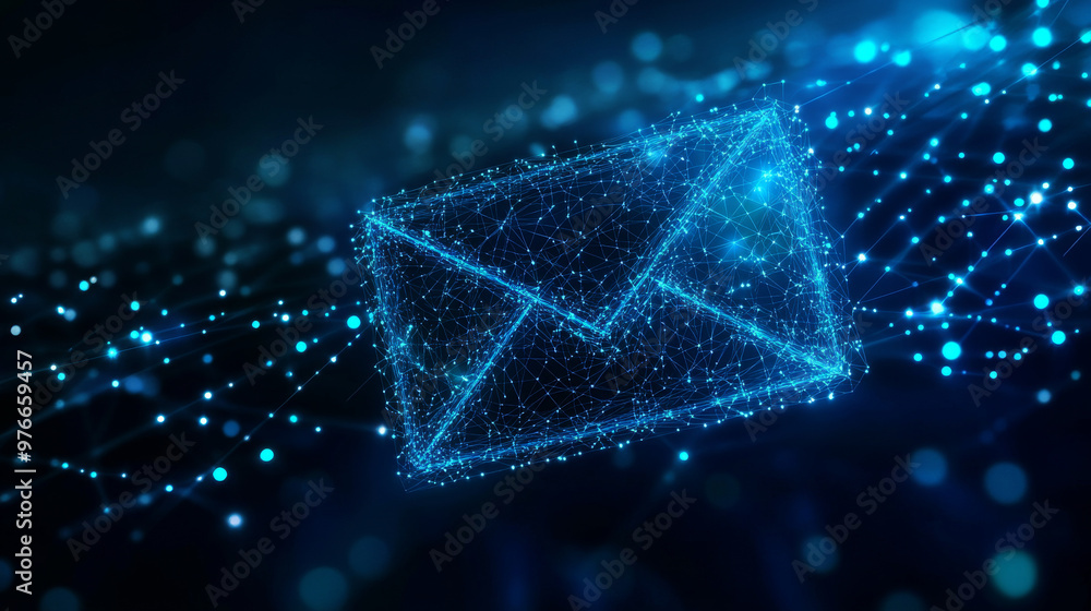 An AT or email symbol on a digital tablet, designed with polygons ...