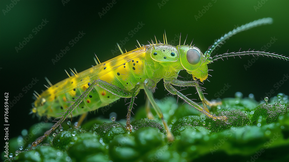 Thrips, from above, close-up view, Hyper-realistic, early morning light Thrips, from above, close-up view, Hyper-realistic, early morning light