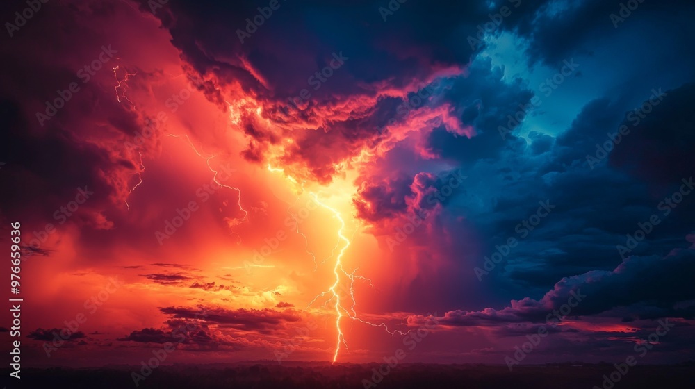 Nature's energy displayed in a storm, a bolt of lightning flashing across the sky with intense brightness Nature's energy displayed in a storm, a bolt of lightning flashing across the sky with intense brightness