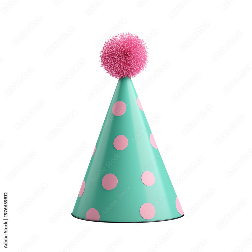 Colorful party hat with pink pom pom and polka dots for celebrations Colorful party hat with pink pom pom and polka dots for celebrations