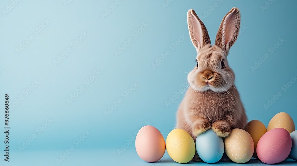 Easter Bunny with Colorful Eggs on a Blue Background Easter Bunny with Colorful Eggs on a Blue Background