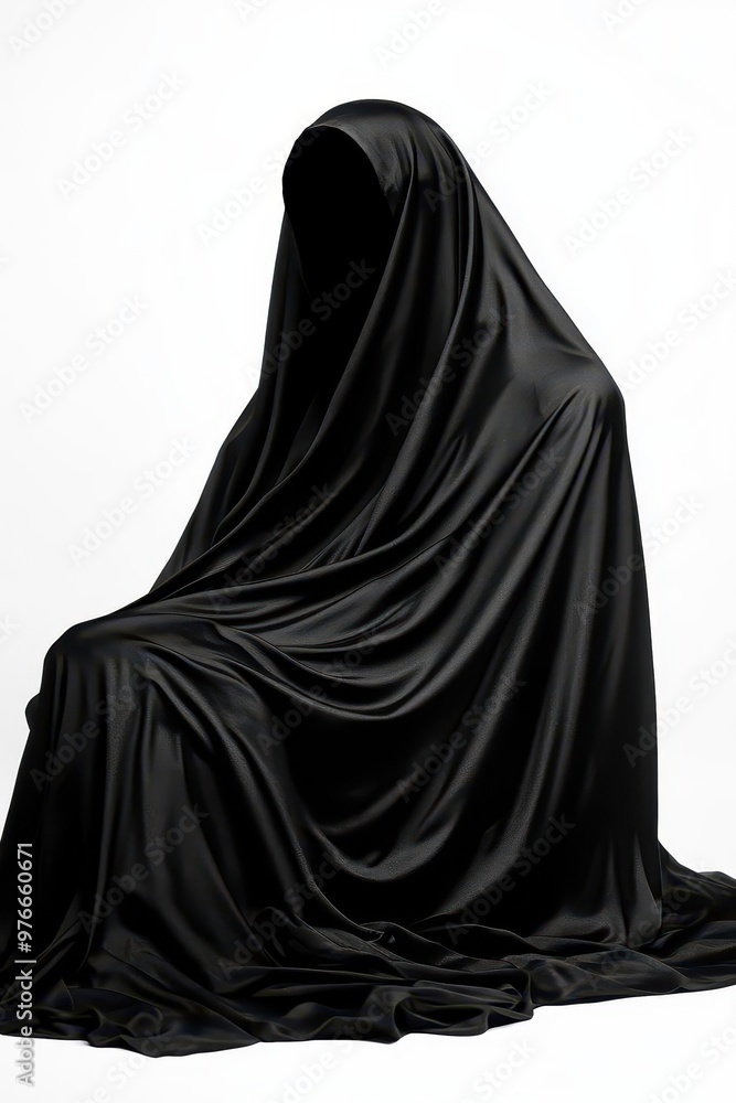 A mysterious figure draped in flowing black fabric, creating an eerie and dramatic atmosphere in the composition with isolated on white background A mysterious figure draped in flowing black fabric, creating an eerie and dramatic atmosphere in the composition with isolated on white background