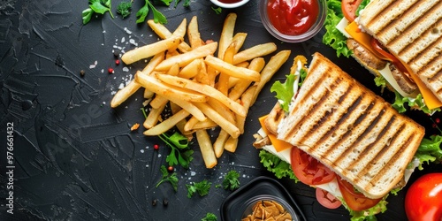 Aerial perspective of crispy potato fries and a club sandwich from a fast food takeaway, featuring blank space for text. photo