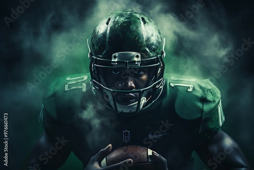 A football player in a dark, smoky atmosphere, showcasing intensity.