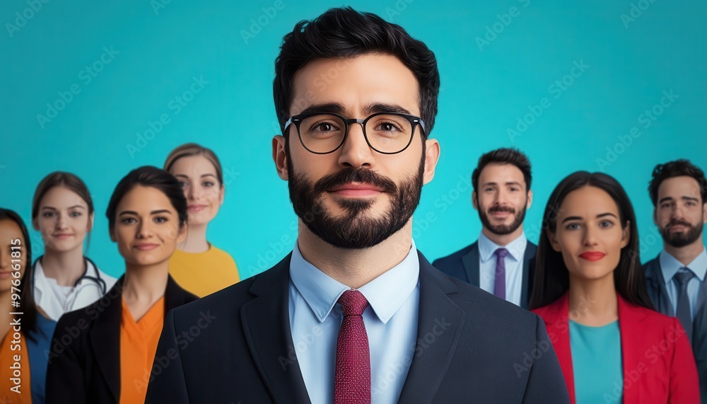 A diverse group of professionals standing confidently, showcasing teamwork and collaboration in a vibrant office environment. A diverse group of professionals standing confidently, showcasing teamwork and collaboration in a vibrant office environment.