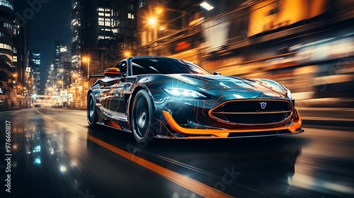 A sleek sports car speeding through a vibrant cityscape at night.