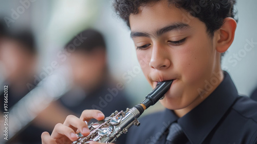 A young man is playing a flute