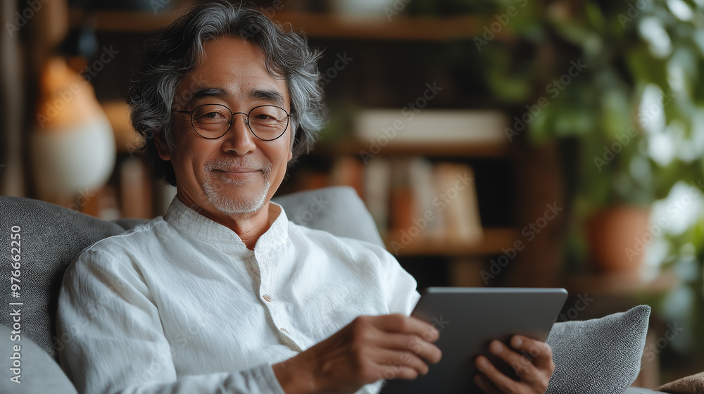タブレットを操作するおじいさん タブレットを操作するおじいさん
