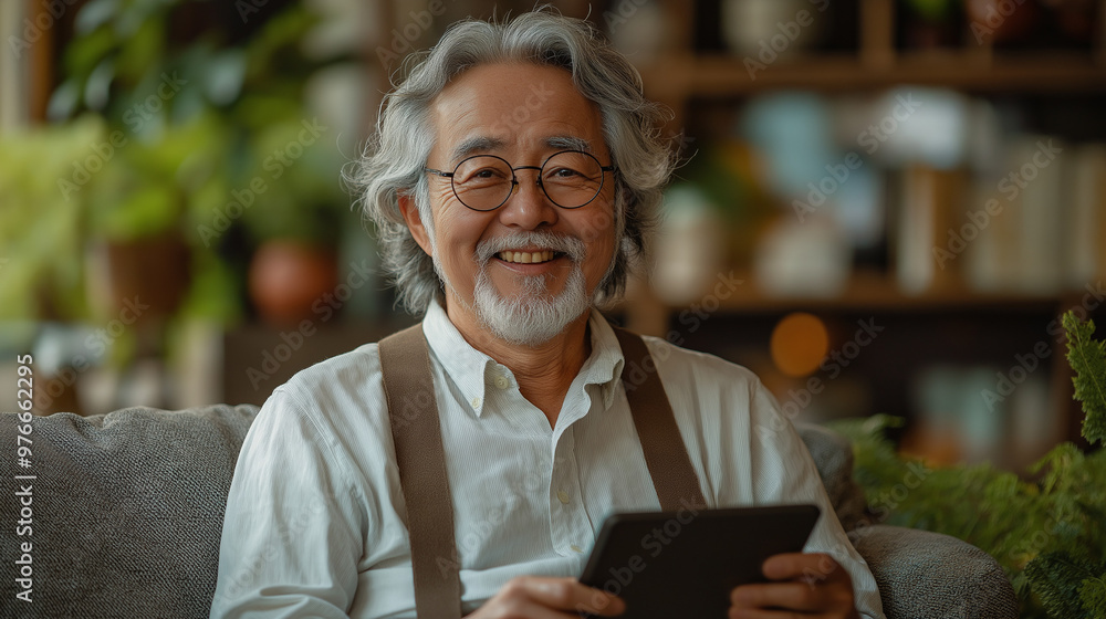タブレットを操作するおじいさん タブレットを操作するおじいさん
