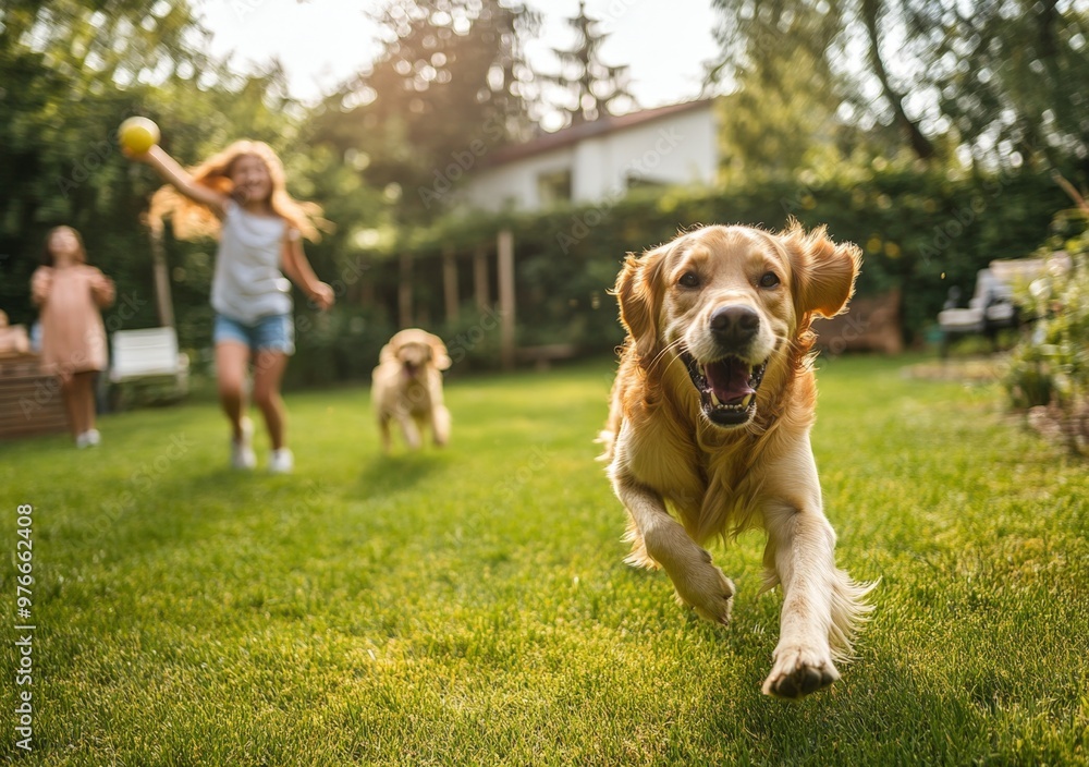 Photo of a family playing in the backyard with a dog, throwing a ball and running around, Stock photo, home life. Photo of a family playing in the backyard with a dog, throwing a ball and running around, Stock photo, home life.