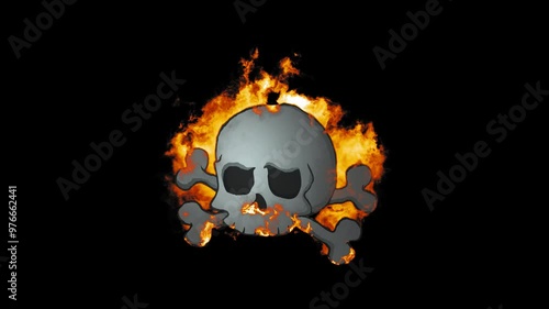 Burning Thoughtful Skull. Fire Effect Animation on Transparent Background Isolated 4K Video. Visual Effects and Motion Graphics Element.