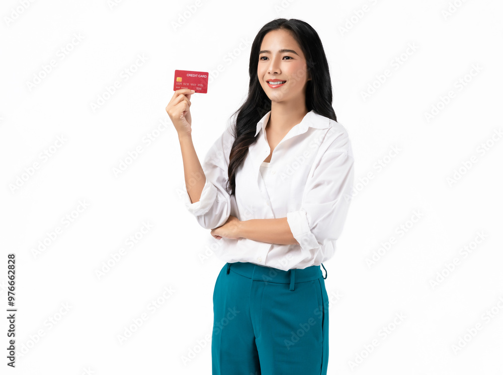 Cheerful beautiful Asian women holding credit card isolated on white background. Cheerful beautiful Asian women holding credit card isolated on white background.